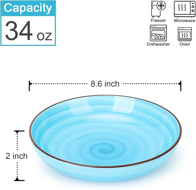KitchenTour Large Pasta Bowls 34 oz, Ceramic Salad Serving Bowls Set of 6 - Image 2