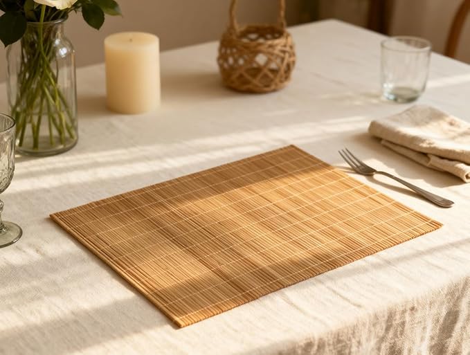 6-Pack Bamboo Placemats,Woven Heat-Resistant Rectangular Table Mats, Natural Dining Place Mats, Rustic Japanese Style Wood Mats for Indoor Dining, Kitchen and Party Use, Coffee