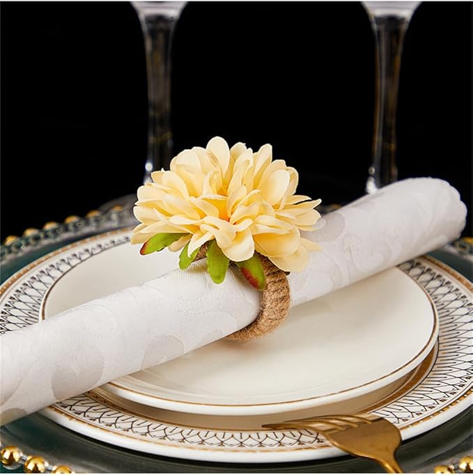 Floral Napkin Rings Set of 6,Rustic Rose Napkin Rings Flower Dinner Napkin Holder for Table Decoration (34#Champagne)