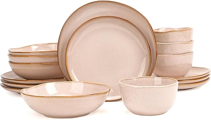 Highland 16pc Dinnerware Set, Unique Organic Shape Double Bowl， Stoneware Plate by HomeVSS