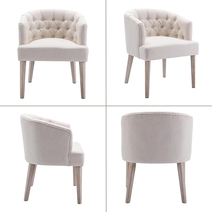 Mid-Century Dining Chairs Set of 4, Tufted Upholstered Linen Dining Room Chairs Comfy Side Chair Armchair Guest Chair with Wooden Legs for Dining Room Living Room, Beige