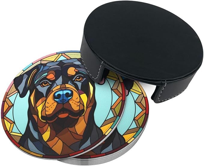 Drink Coaster Set of 6, Rottweiler Dog Mom Lover Gift,Leather Drink Coasters with Holder,6 Pack Cup/Bar/Drink Coasters for Table/Drinks/Coffee Protection Housewarming Gift