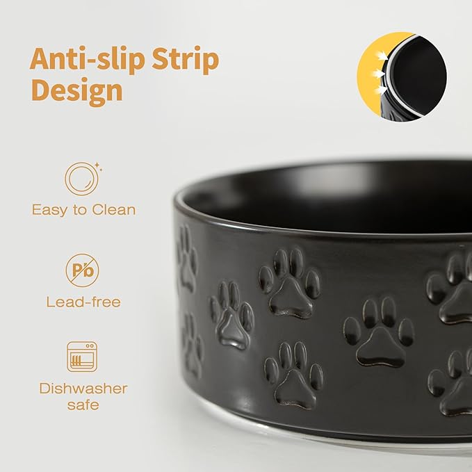 Ceramic Dog Bowl Set, 5.1" Dog Bowls with Anti-Slip Rings for Toy Breed Dogs, 1.6 Cup Food and Water Bowls for Small-Breed Puppy, Adult Cat, Microwave Safe (Double Bowls - Black, 5.1 inch)