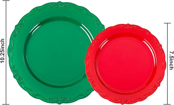 U-QE 100Pcs Christmas Plastic Plates - Green and Red Plate Disposable for Party, Plastic Christmas Plates Disposable Include 50 Red Dessert Plate, 50 Green Dinner Plate Suite for Party
