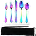 JASHII Modern Royal 5 Pcs Matte Rainbow 18/10 Stainless Steel Utensils Cutlery Dinnerware Set w/Drinking Straw, Knife Fork and Spoon Flatware Set for Wedding Festival Christmas Party Service for 1