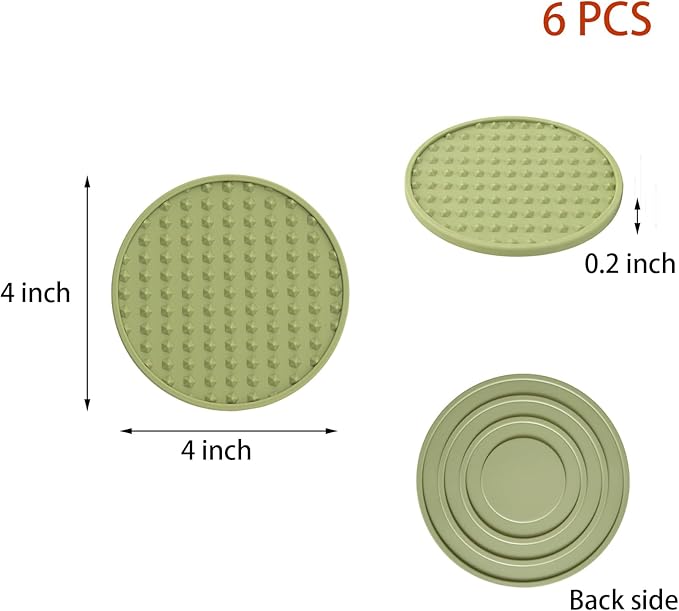 Set of 6 Silicone Coasters, 4'' Drink Coaster with Holder, Round Coasters for Drinks Beer Coffee Home Office Bar Desk Tabletop Protection, Non-Slip Rubber Coaster (Green, 6 Pcs-Plastic Holder)