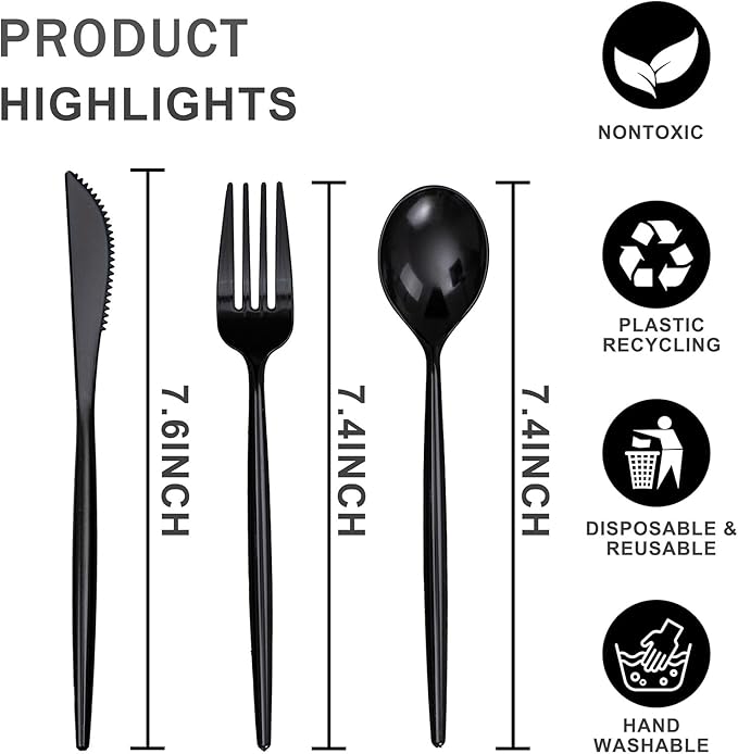 Rubtlamp 90Pcs Plastic Black Silverware, Disposable Cutlery, Utensils Heavy Duty include 30 Disposable Knives,60 plastic Forks and Spoons, Black Cutlery For Party