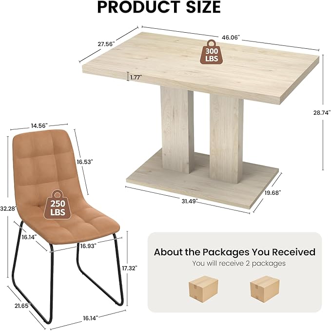 Modern 5-Piece Dining Table Set for 4, 46" Pedestal Dining Room Table with 4 Leather Chairs, Small Space Saving Kitchen Table Set, Natural Wood Finish Rectangle Table for Home & Apartment