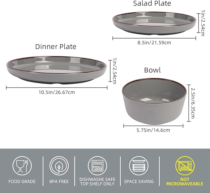 Melamine Dinnerware Sets 12 Piece Unbreakable Plates & Bowls Sets Lightweight Shatterproof Durable Dishware for Camping Picnic Party (Fog Gray)