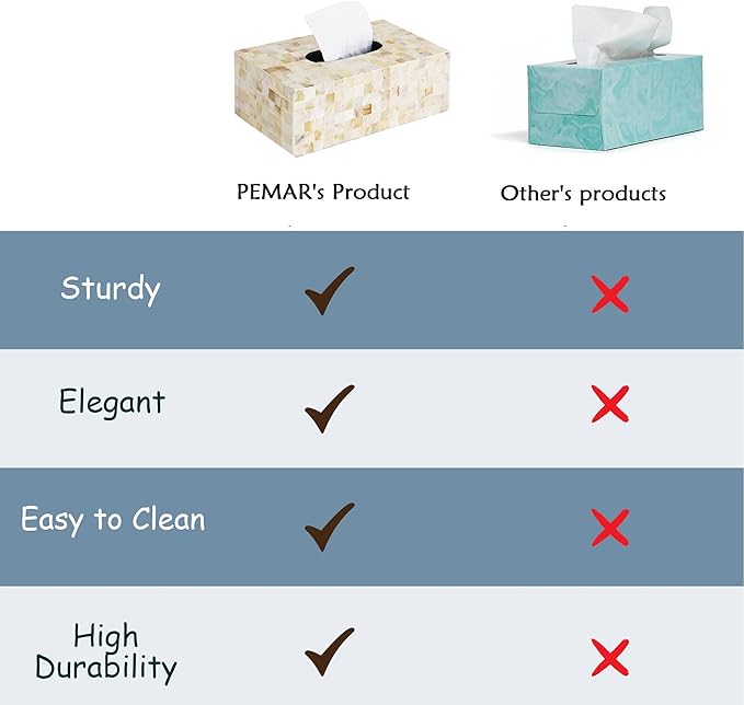 PEMAR Handmade Mother of Pearl Tissue Box – Elegant Rectangular Capiz Shell Cover, Decorative Napkin Holder for Living Room, Bathroom, or Office Décor (Max Inner Size 9.2"x5"x3.5", White Cream)