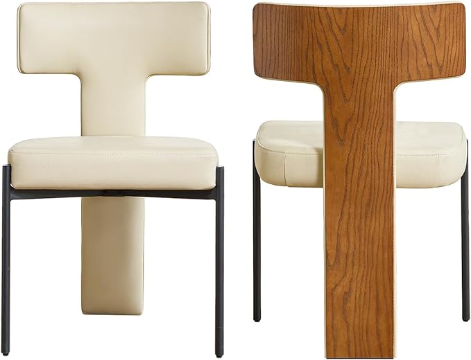Beige Dining Chairs Set of 2,Faux Leather Dining Chairs with Soft Cushion,Comfortable Upholstered Armless Dining Room Chairs with Curved Plywood Back