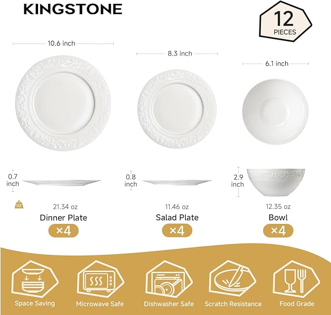 12Pcs Vintage Relief White Bone China Set, Service - Image 2