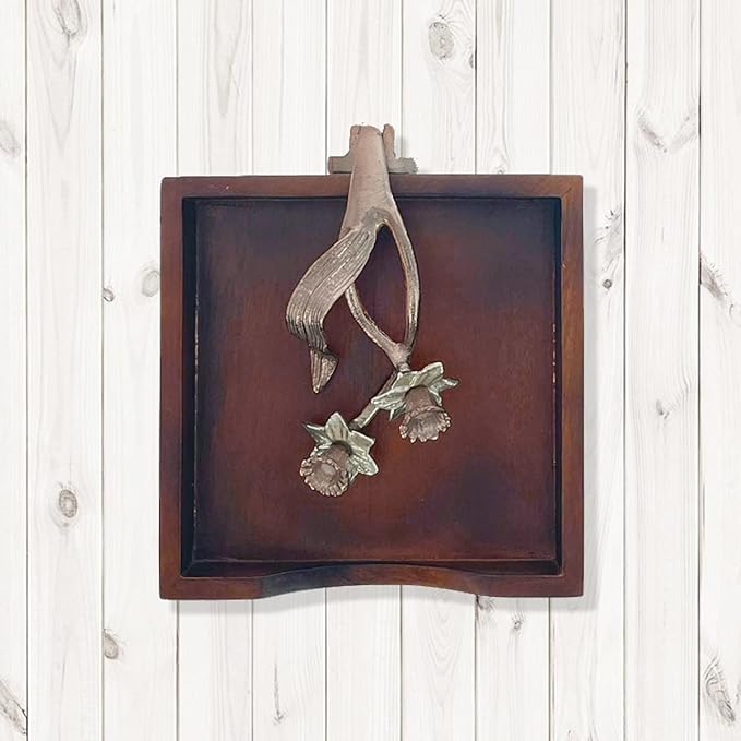 Napkin Holder - Solid Wood Brown Finish Home Decor & Kitchen Decor Table Countertop Serviette & Tissue Holder with Metal Ornament Arm in Rose Gold Finish - Indoor and Outdoor Use - Floral Design