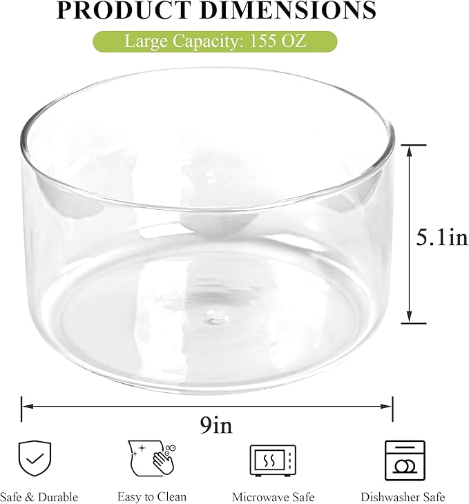 Glass Trifle Bowl, 155oz Large Salad Bowl, Glass Serving Bowl for Popcorn, Cake, Salad, Fruit, Baking, Dessert and Party Diy, BPA Free, Oven, Dishwasher Safe