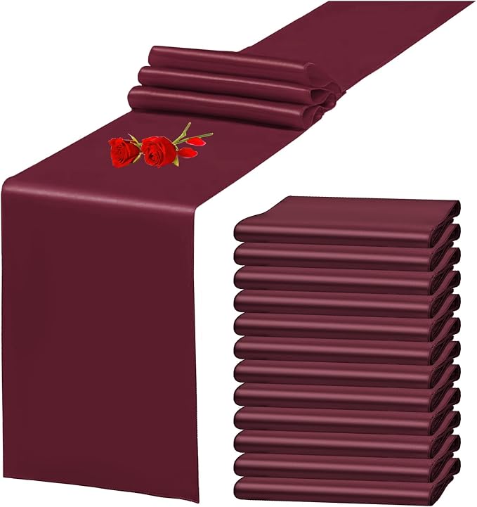 12 Pack Burgundy Satin Table Runner 12 x 108 Inch Long Premium Table Runners by YMHPRIDE