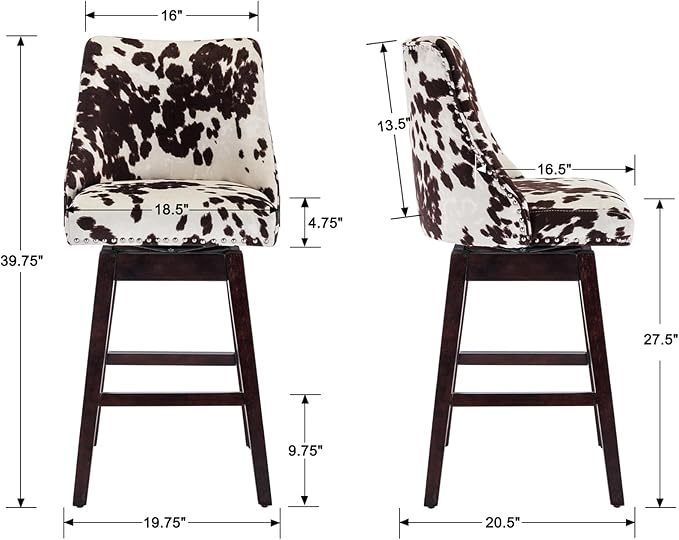 Counter Height Bar Stools Set of 4 Swivel Velvet Kitchen Stool Chairs with Back Mid Century Modern Barstool with Distressed Wood Legs for Dining Bar, Cow