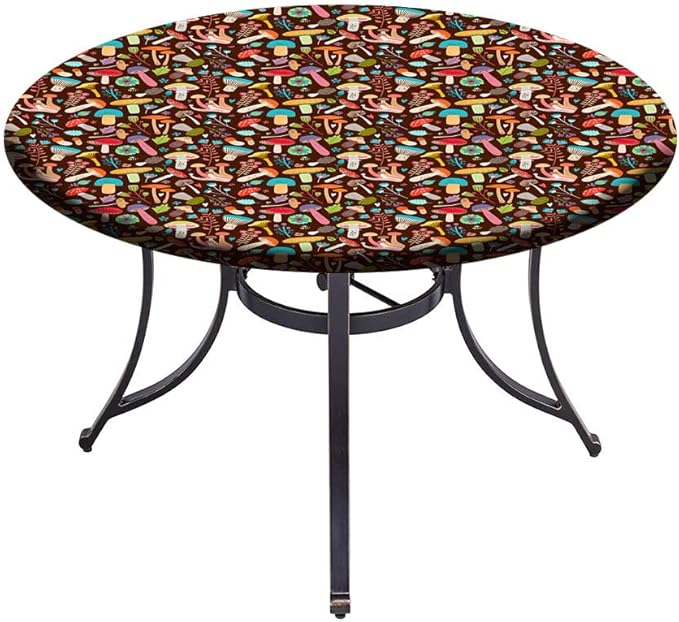 Round Vinyl Fitted Tablecloth, Mushrooms Print Polyester Table Cloth, Attractive Various Cartoon Leaves and Mushrooms Graphic, Holiday Party Home Kitchen Dining Table Decoration