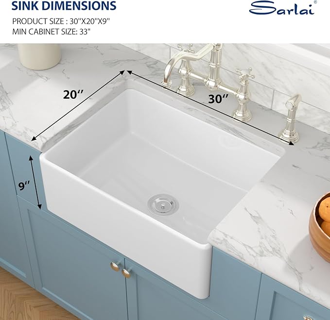 Sarlai 30 White Farmhouse Kitchen Sink - 30 x 20 Inch Kitchen Sink Apron Front Farm Style Sink White Ceramic Porcelain Fireclay Single Bowl Farm Sink Basin