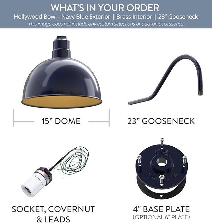 Steel Lighting Co. Hollywood Bowl Light | Outdoor Wall Mounted | 15 inch Bowl Dome | 23" Gooseneck | Barn Light Made in America | Navy Blue Exterior/Brass Interior