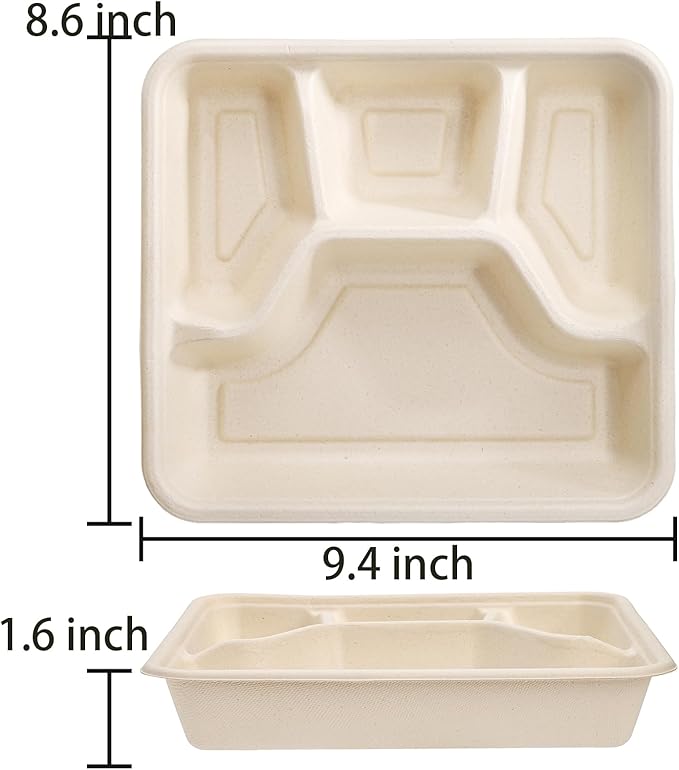 TOPZEA 50 Pack 4 Compartment Disposable Paper Plates, 9.4"x 8.6" Compostable Deep Divided Plates Heavy Duty Bagasse School Lunch Tray, Sugarcane Sectional Plate Food Containers for Dinner Buffet Party