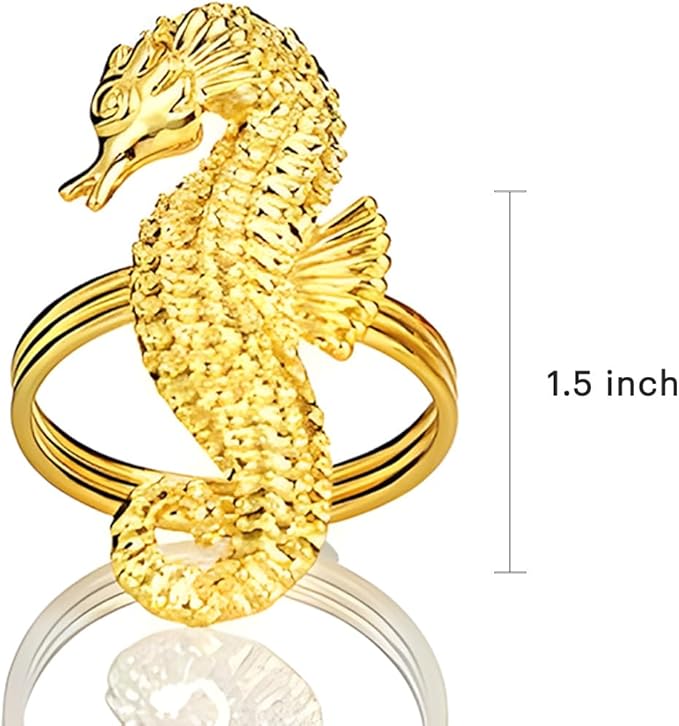 Decozen Set of 16 Gold Napkin Rings in Sea Horse Design, Festive, Table Decor Setting for Holiday, Wedding, Birthday, Kitchen, Home Decor, Housewarming Gift - Mothers Day Decorations