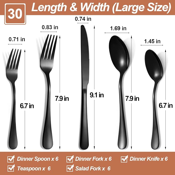 30 Pcs Black Silverware Set for 6, Food Grade Stainless Steel Flatware Set - Image 2