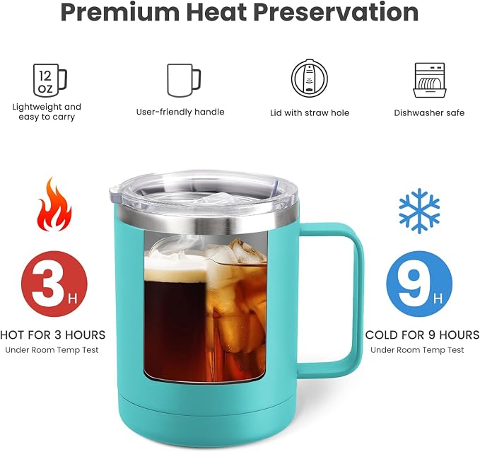 MEWAY 12oz Coffee Mug With Handle and Sliding Lid, Stainless Steel Travel - Image 3