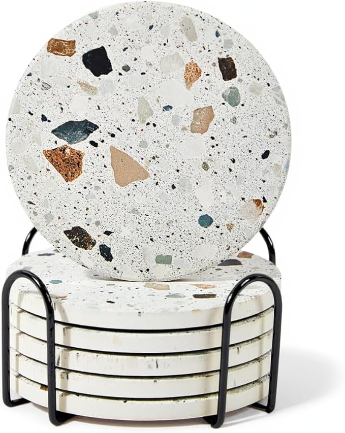 Terrazzo Coasters Set of 6, Ceramic Absorbent Drink Coasters, Cute Moisture Absorbing Coaster, Coffee Table Desk Decor, Colorful Stone Coaster for Drinks (Granite with Black Holder)