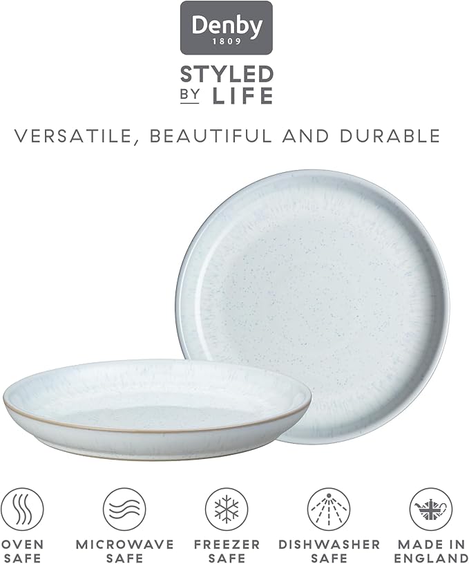 Denby - White Speckle Dinner Plates Set of 6 - White Reactive Glaze Patterned - Dishwasher, Microwave Safe Crockery 8.25" - Large Ceramic Stoneware Tableware - Chip & Crack Resistant
