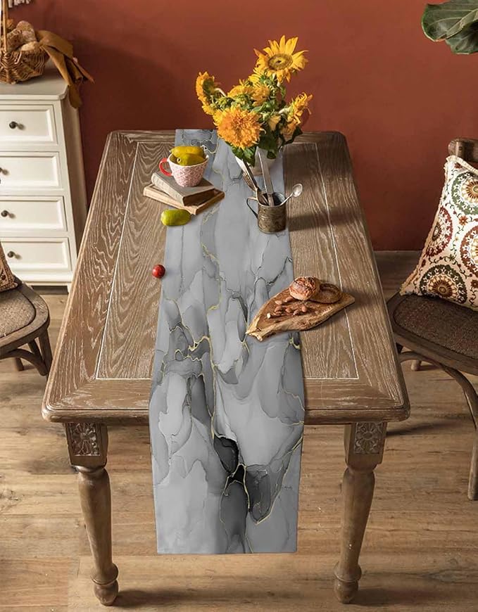 Grey Marble Table Runners 108 Inches Long, Cotton Linen Fabric Table Runner - Image 4