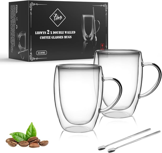 LIBWYS 12oz Double Walled Coffee Cups Glasses Mugs, Borosilicate Glass 2Pcs | by LIBWYS