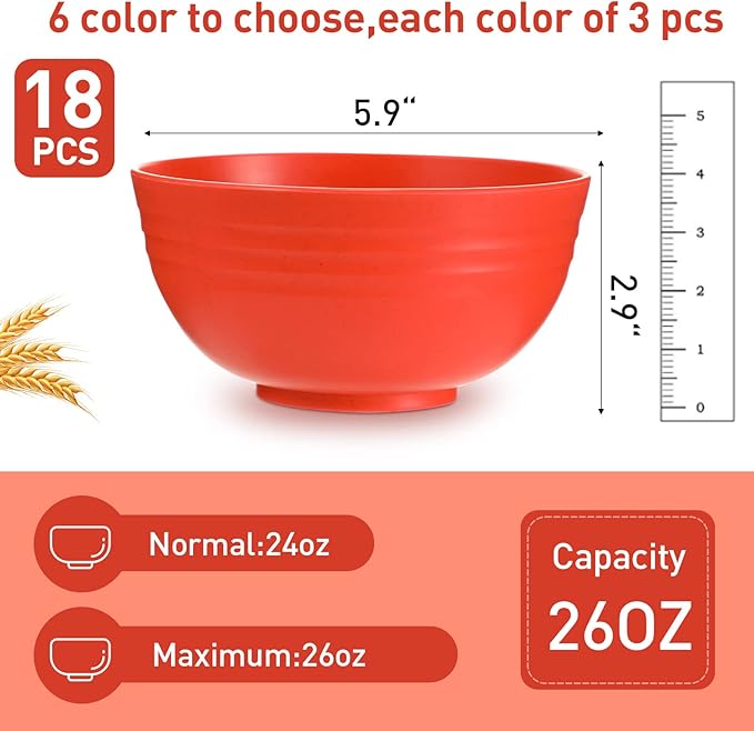 Geosar 18 Pcs Unbreakable Cereal Bowls 24 Oz Microwave and Dishwasher Safe Wheat Straw Fiber Lightweight Bowl for Soup Kitchen Serving Salad Dishes Oatmeal(Yellow, Orange, Green, Blue)