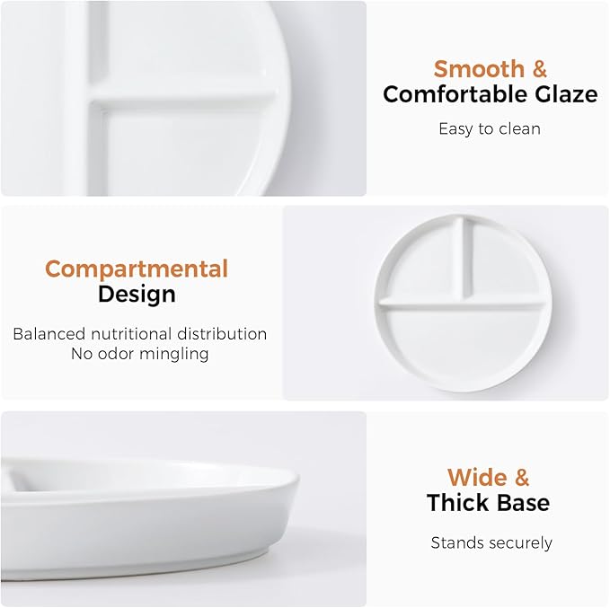 8" Ceramic Divided Plates Set - 4Pcs, Portion Control Plate, Bariatric Plate for Kids Adults, 3 Compartment Plates, Dinner Plates for Balanced Meal, Oven, Dishwasher Safe, White