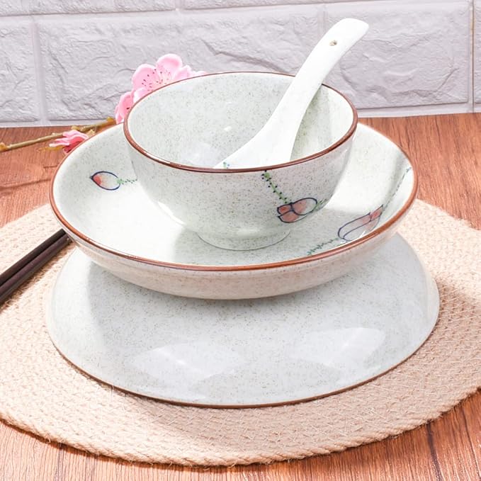 4-Piece Ceramic Dinnerware Set, Plate, Dish, Bowl, Spoon, Japanese Hand-painted Tableware set, A Good Tableware