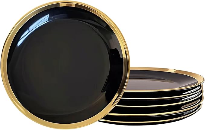 Dinner Plates, Set of 6, 8 inch, Black Porcelain with Gold Trim, Small Plates, Black Ceramic Plates, Ideal for Desserts and Appetizers.