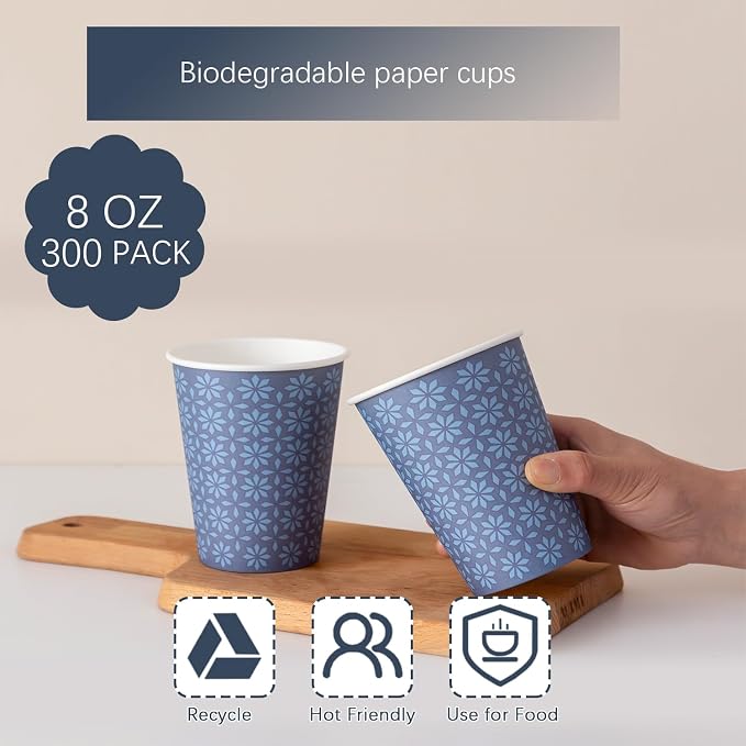 Clawsoff 300 Pack Paper Cups 8 oz Bulk Disposable Coffee Cups Navy Floral | - Image 4