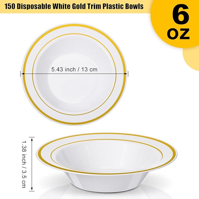 Jinei 150 Pieces 6 oz Plastic Bowls with Rim Small Disposable Soup Bowls for Dessert Salad Soup Candy Wedding Thanksgiving Catering Holidays Party Supplies (White,Gold Rim)