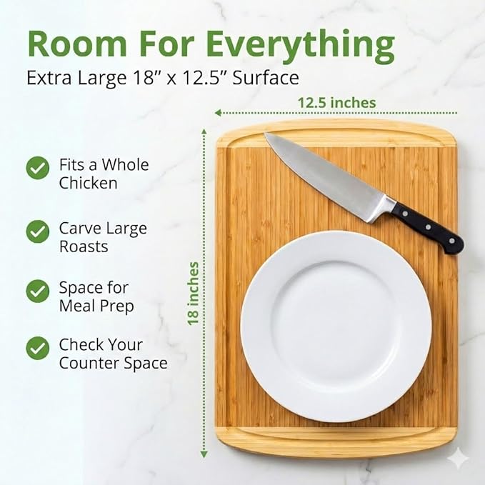 Organic 18 Inch Extra Large Bamboo Cutting Board with Lifetime Replacements - Non Toxic Wood Chopping Board with Juice Groove for Kitchen, Meat, Vegetables, and Food Prep by Greener Chef
