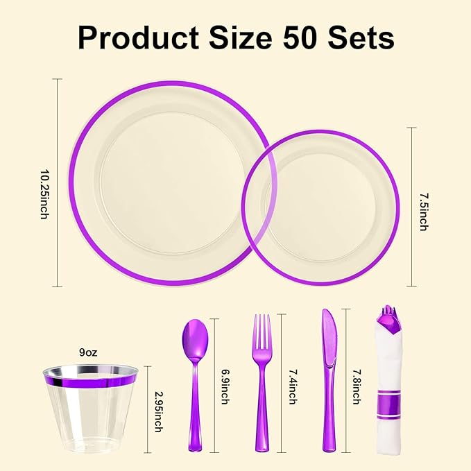 BESTSTAR 350PCS Clear and Purple Disposable Plates Set for 50 Guests, 100 Plastic Plates, 50 Plastic Cups, 50 Pre-Rolled Napkins with Cutlery for Party, Birthday, Wedding, Thanksgiving, Christmas