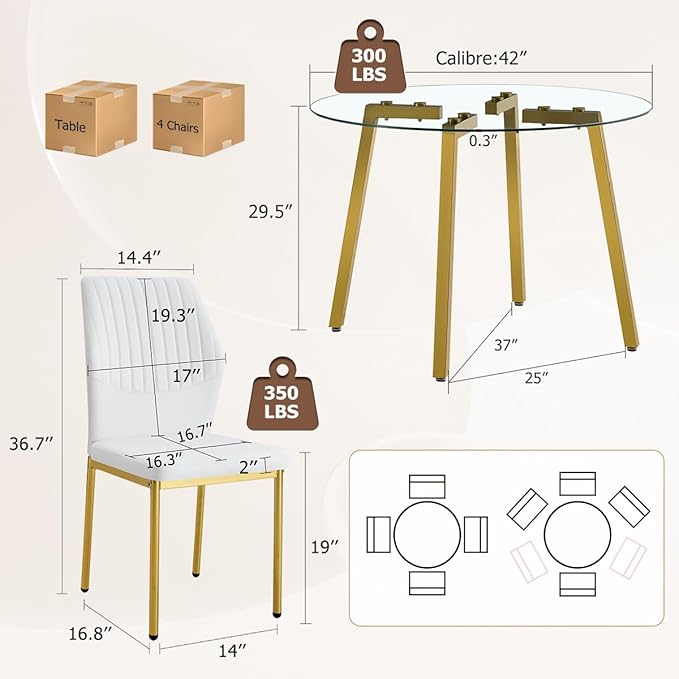 42" Round Glass Dining Table Set for 4,Modern Breakfast Table Set for 4 with Luxury Gold Chrome Legs,Space Saving Kitchen Table and White Chairs for Apartment,Easy Assembly