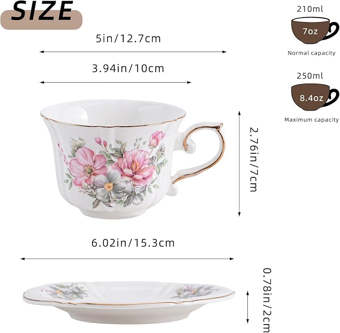 Ceramic Floral Cups with Saucers，7 oz Espresso Cups - Image 2
