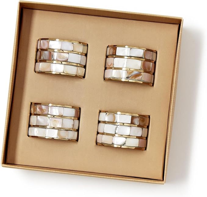 Two's Company Mother of Pearl Napkin Ring Holder in Gift Box, Set of 4, 1.5-inches Diameter, Brass