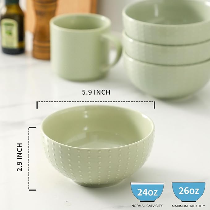 HASENSE Cereal Bowls, 26oz Soup Bowls Set of 4, Embossed Stoneware Porcelain Cereal Bowls, Large Ceramic Soup Bowls for Cereal, Oatmeal, Fruit, Salad, Noodle, Microwave Dishwasher Safe, Green