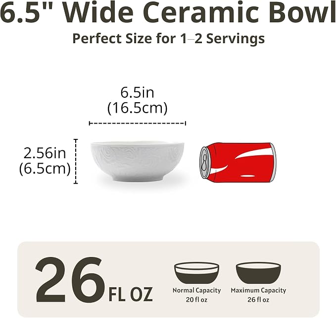 Porcelain Cereal Bowls Set of 4, 26 oz – 6.5" Wide White Floral Embossed - Image 3