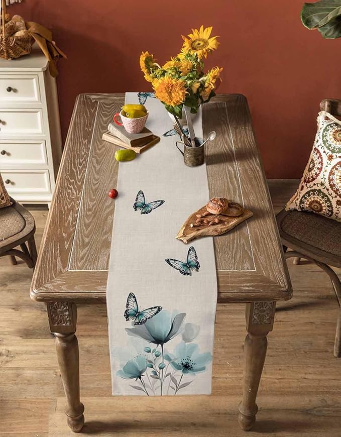 Turquoise Floral Table Runners 108 Inches Long, Spring Flowers Butterfly Table - Image 4