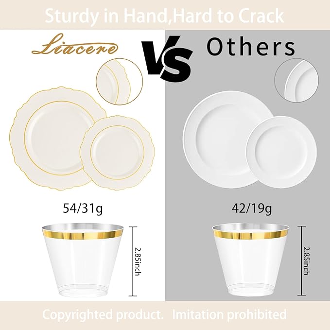 Liacere 350PCS Ivory Plastic Plates - Cream Disposable Plates With Gold Rim - 50Guest Baroque Plastic Dinnerware include 100 Plates - 50 Pack Pre Rolled Napkins Silverware 50Cups for Wedding＆Easter