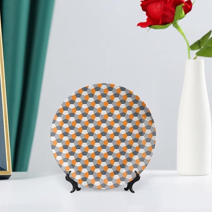 Ceramic Plates, Abstract Decorative Ceramic Plates, Modern Style Mosaic Tile with Hexagonal Shapes, 6 Inch, for Dining, Parties, Wedding, Grey Charcoal Grey Orange