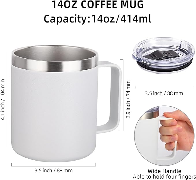Volhoply 14oz Insulated Stainless Steel Coffee Mug with Lid Bulk 2 Pack,Double Wall Vacuum Travel Coffee Cup with Handle,Reusable Metal Cups Tumbler,Camping Mugs Keep Hot,Ideal Gifts(White,2)