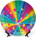 Ceramic Display Plate, Abstract Decor Ceramic Hanging Decorative Plate, Abstract Rainbow and Stars Confetti Rays Striped, 7 Inch, Living Room Kitchen Decoration Household, Multy