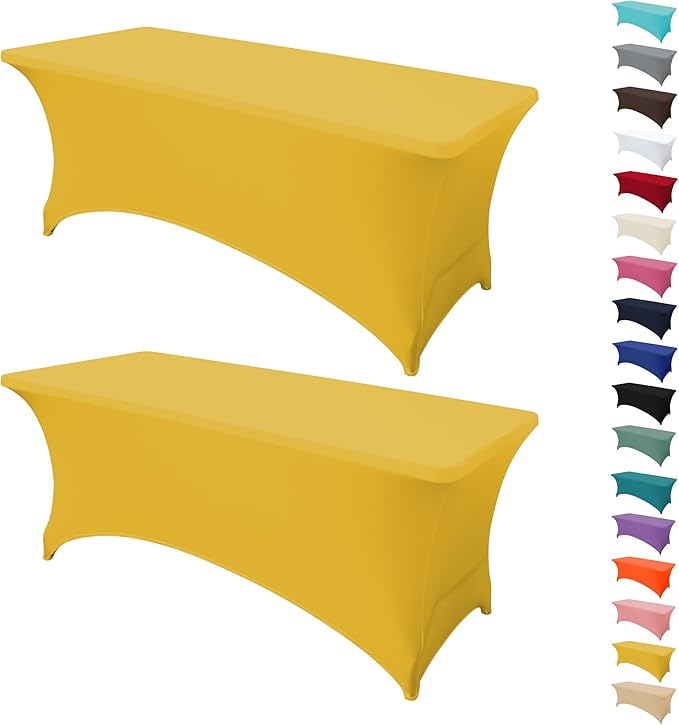 2Pack 4FT Table Cloth for Rectangular Fitted Events Stretch Yellow Table Covers Washable Spandex Tablecloth Protector for Party, Wedding, Cocktail, Banquet, Festival